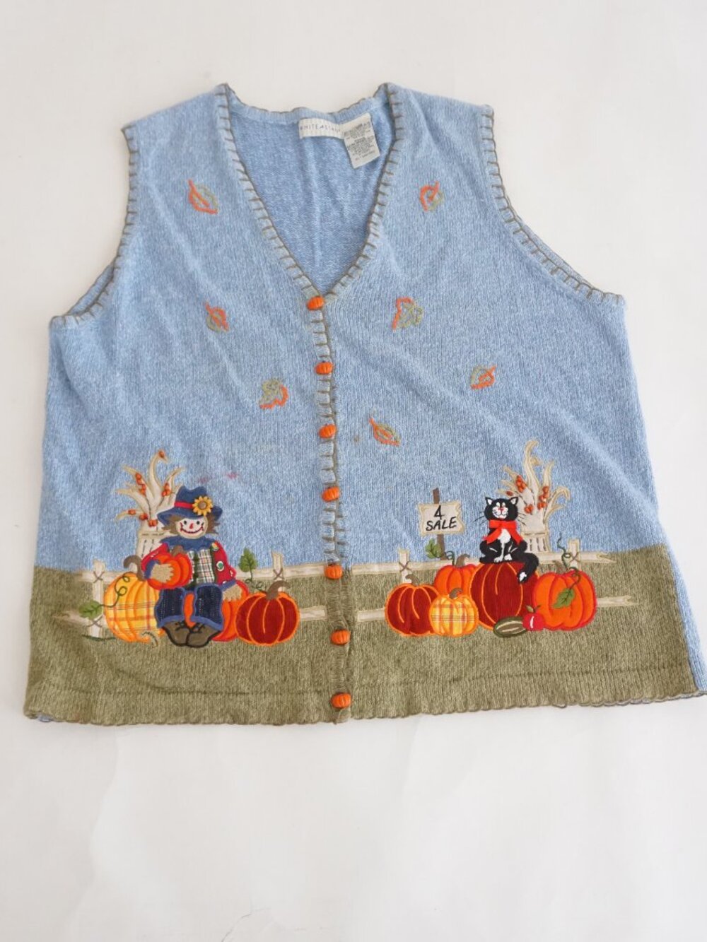 Vintage White Stag Blue Pumpkin Harvest Cat Fall Autumn Button Sweater Vest XL